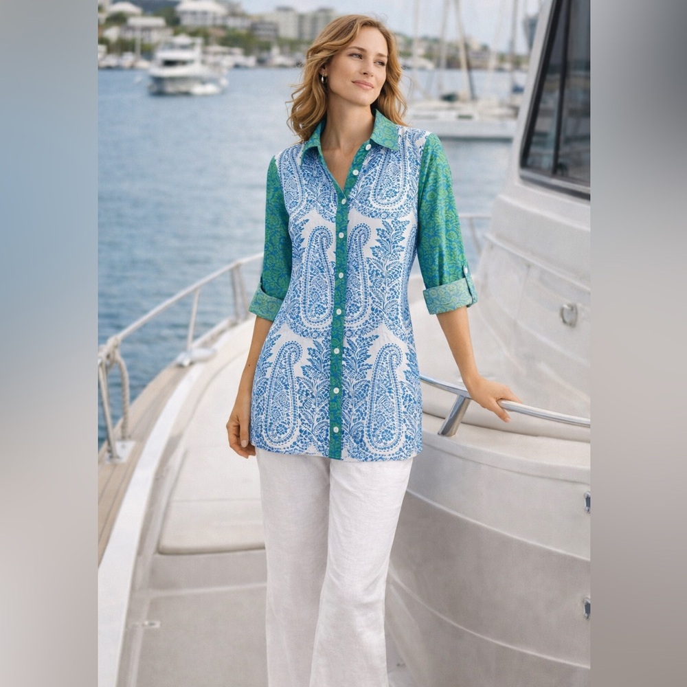 Tommy Bahama Blue Green Paisley Tunic Shirt Cotton Roll Tab Sleeve S